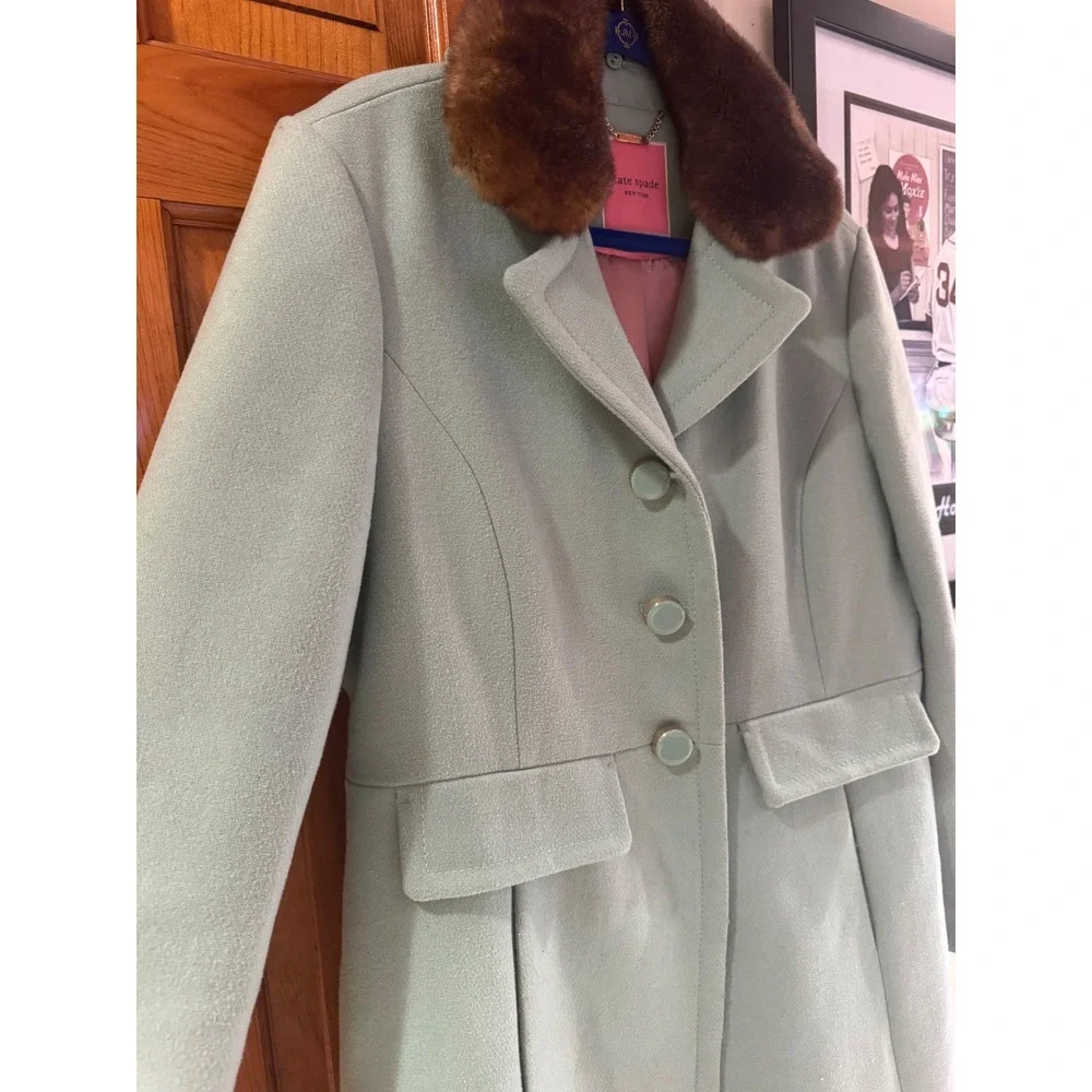 Kate Spade New York Seafoam Green Wool Blend Faux Fur Collar Coat XL K29775B - Picture 4 of 14